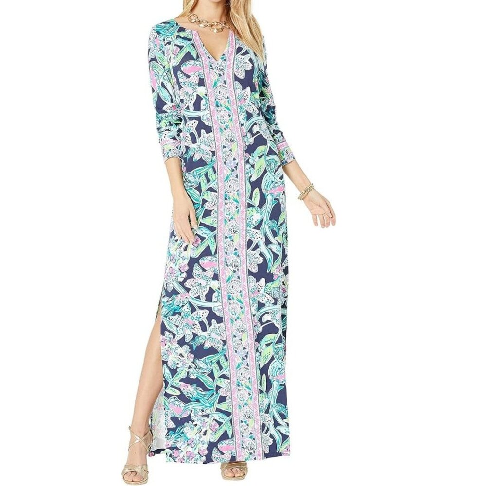 Lilly Pulitzer Faye Maxi Dress – Size XL – Navy with Tropical Print